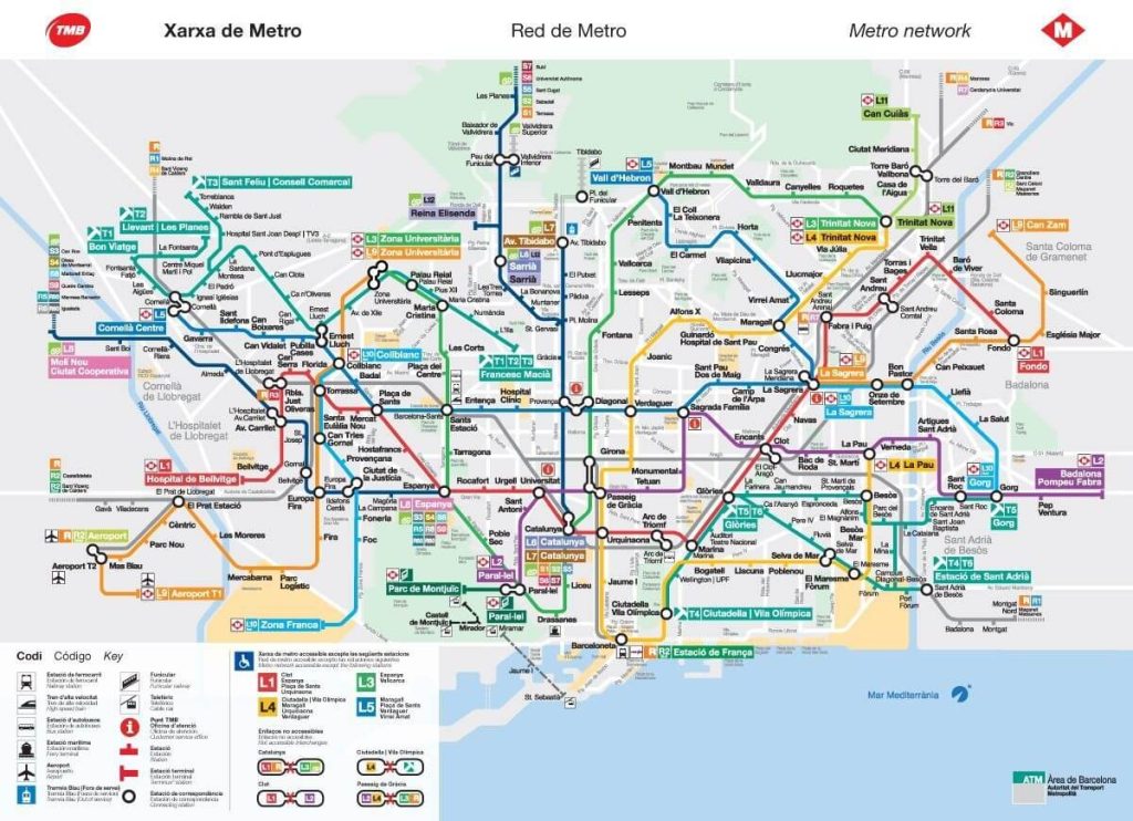 Ako sa dostať z letiska El Prat v Barcelone do centra? 2 Plán metra v Barcelone, ktorým sa viete dostať z letiska do centra.
